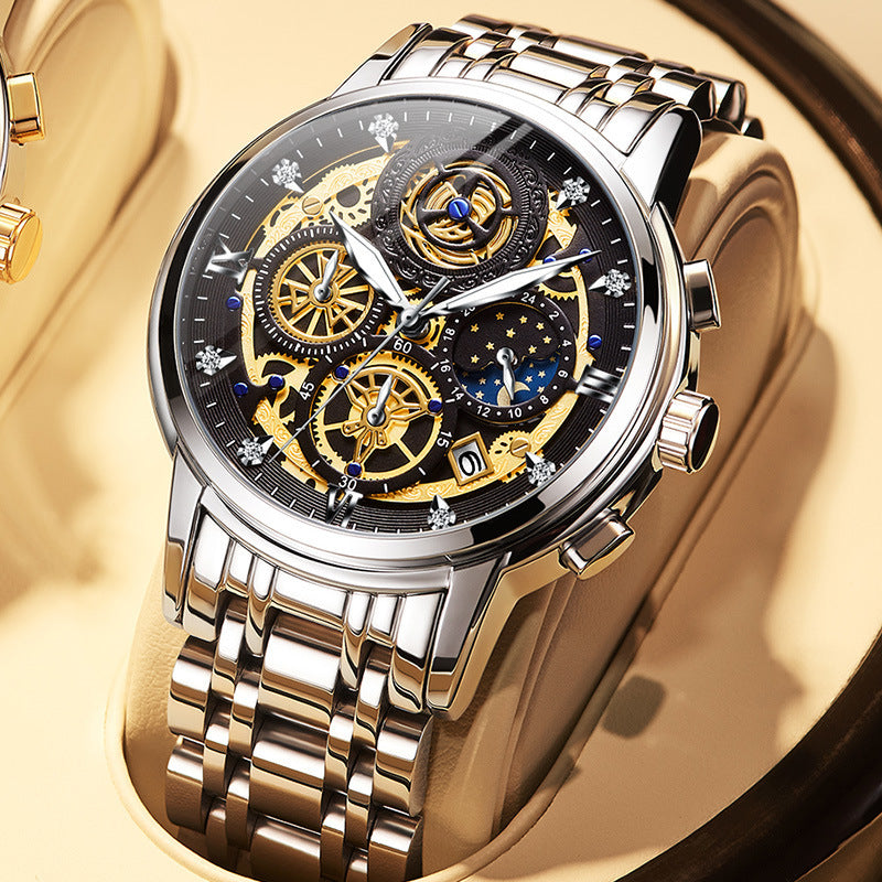 Golden-Silver Moonphase Luxury Mechanical Watch-Stainless Steel Elegance