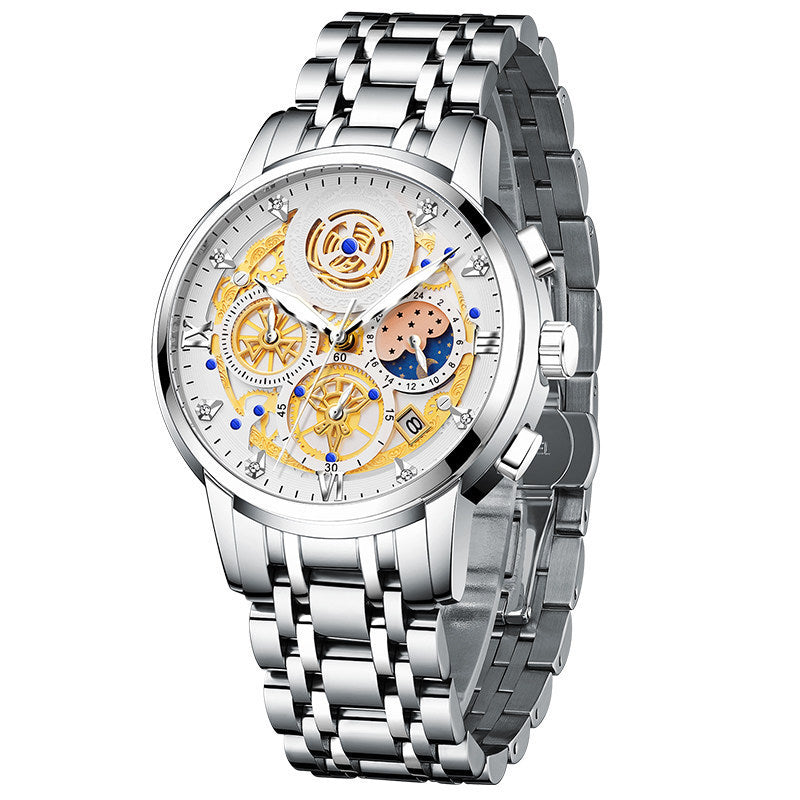 Golden-Silver Moonphase Luxury Mechanical Watch-Stainless Steel Elegance