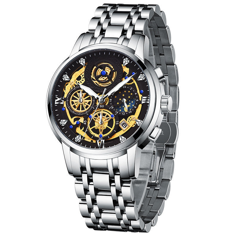 Golden-Silver Moonphase Luxury Mechanical Watch-Stainless Steel Elegance