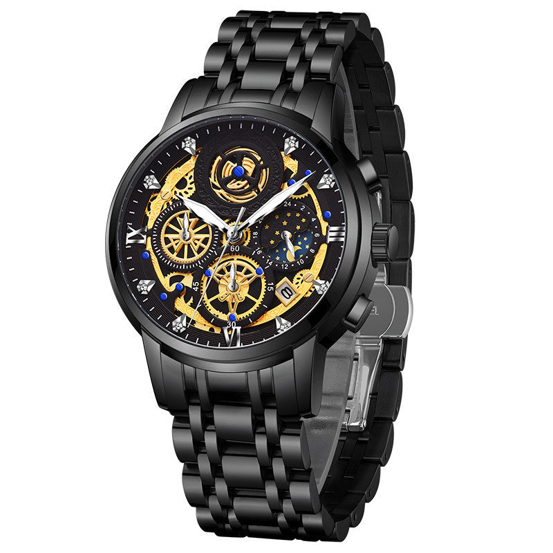 Golden-Silver Moonphase Luxury Mechanical Watch-Stainless Steel Elegance