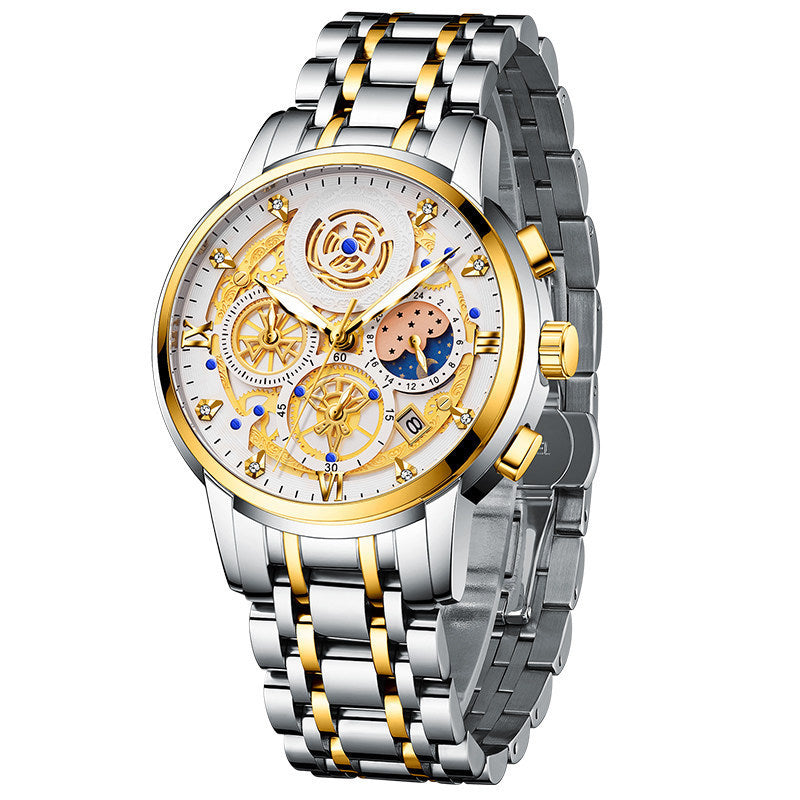 Golden-Silver Moonphase Luxury Mechanical Watch-Stainless Steel Elegance