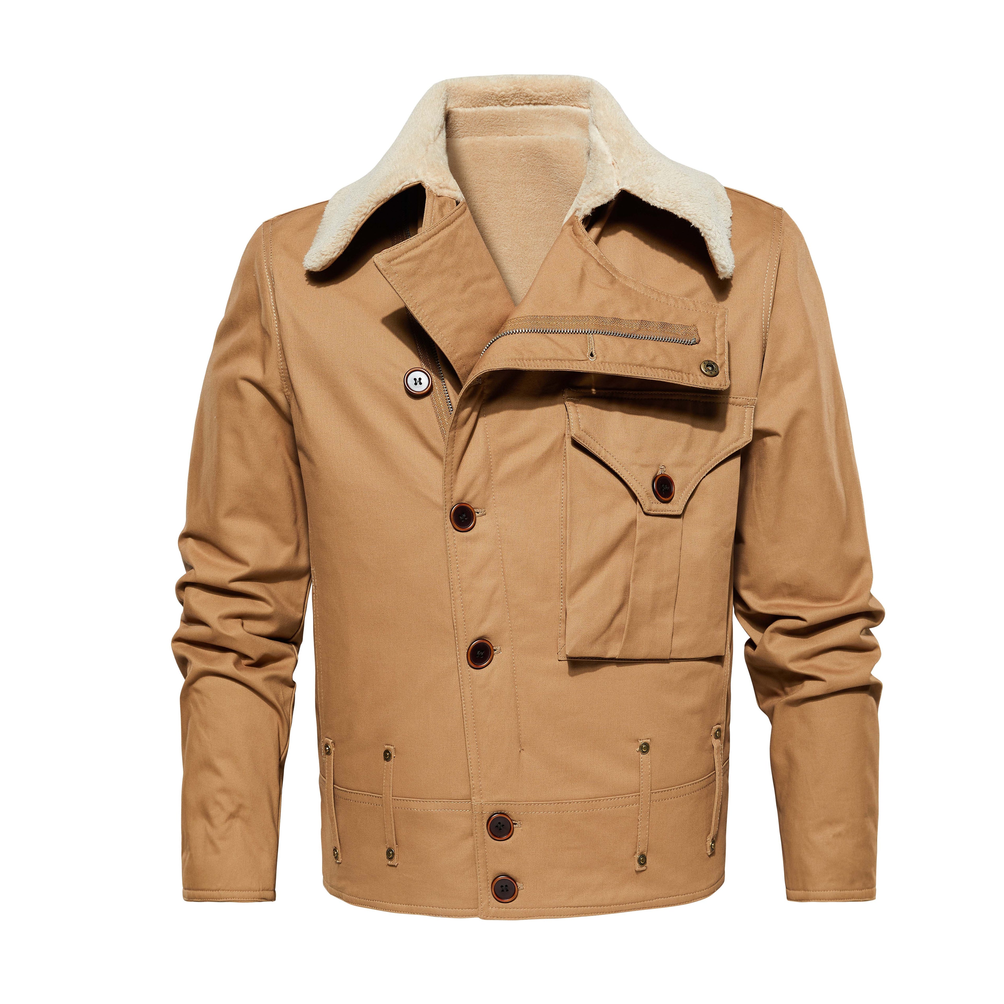 Men's Work Jacket With Multiple Pockets, Collared, Thickened, Autumn & Winter Warm Outerwear